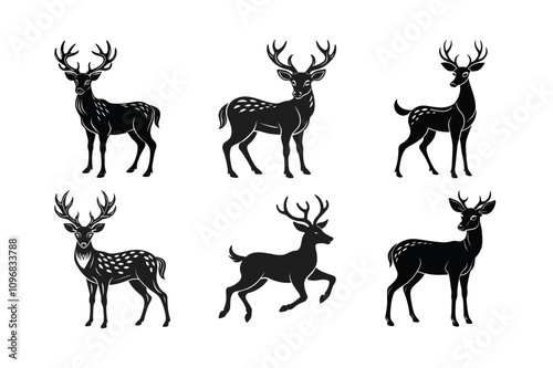 Wild Deer Silhouette Collection Graphic Black Designs of Male, Female, and Roe Deer
