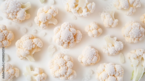 A scattering of frozen cauliflower florets, each piece dusted lightly with frost, arranged in a natural, organic spread across a white surface. photo