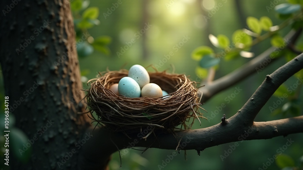 A bird’s nest with eggs of varying sizes and colors, symbolizing belonging, safety, and the acceptance of diversity. A bird’s nest with eggs of varying sizes and colors, symbolizing belonging, safety, and the acceptance of diversity.