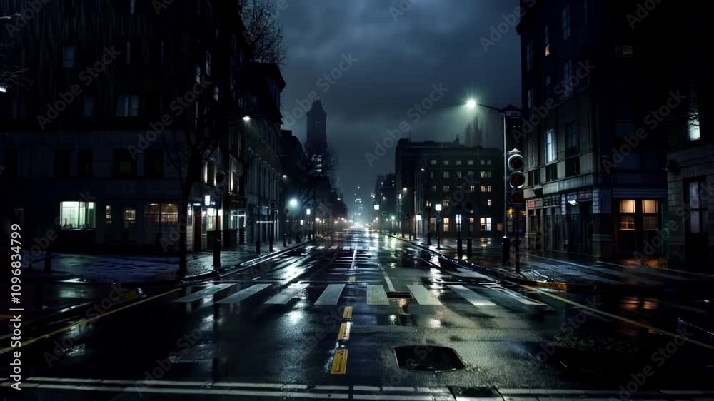 Gloomy urban street at night with rain reflections and dark skies Gloomy urban street at night with rain reflections and dark skies