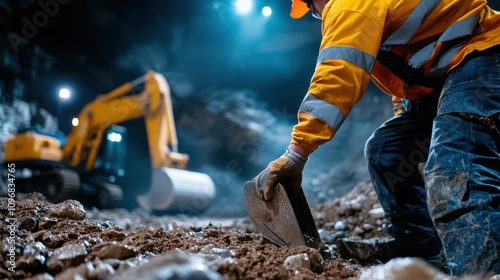 A worker in reflective gear and helmet laboriously moves soil in a well-lit underground construction site, surrounded by heavy machinery and rugged terrain. photo