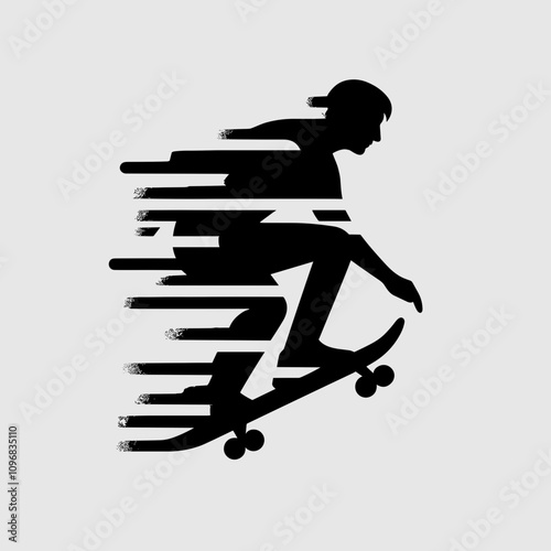 Stylized black and white illustration of a skateboarder in motion representing urban sport energy