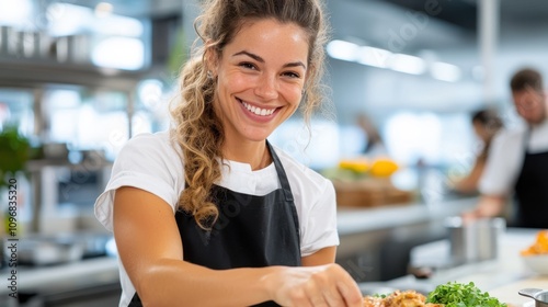 A cheerful woman with an apron is cooking in a modern kitchen, with a focus on fresh ingredients and culinary delight, creating a vibrant and inviting atmosphere. photo