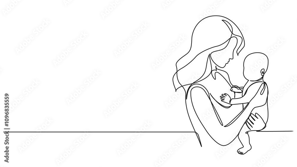animated continuous single line drawing of mother holding her baby on arm, line art animation