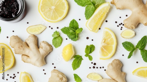 A selection of healthy immune-boosting ingredients like elderberry syrup, ginger roots, lemon wedges, and fresh mint leaves scattered artistically on a bright white background. photo