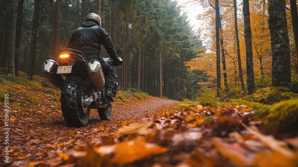 Motorbike Rider Navigating a Foggy Forest Path in Autumn Motorbike Rider Navigating a Foggy Forest Path in Autumn