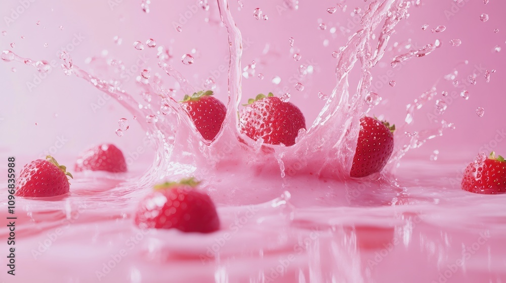 Pink Delight: Strawberries Splashing in Creamy Liquid