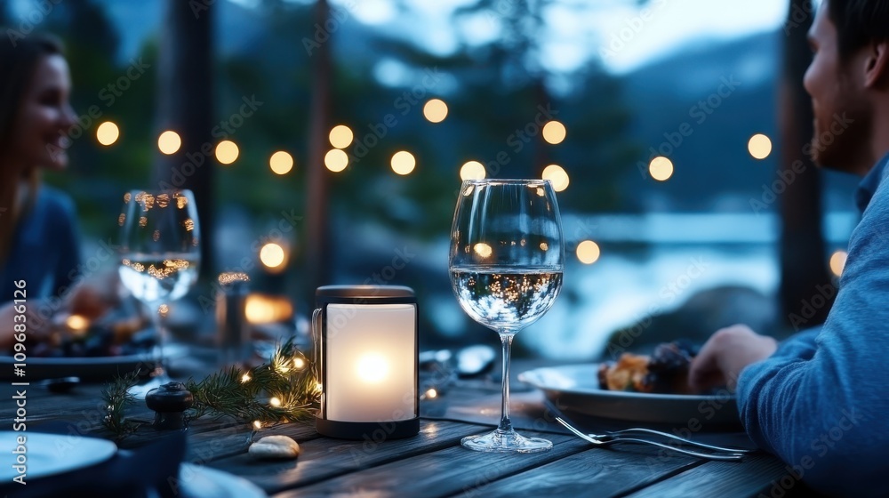 A couple enjoys a romantic candlelit dinner by the serene lakeside under string lights, creating a cozy and intimate atmosphere with nature as their backdrop. A couple enjoys a romantic candlelit dinner by the serene lakeside under string lights, creating a cozy and intimate atmosphere with nature as their backdrop.