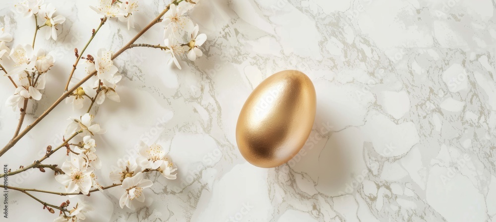 Elegant Easter Design with Gold Egg and Floral Accents on Marble Surface Elegant Easter Design with Gold Egg and Floral Accents on Marble Surface