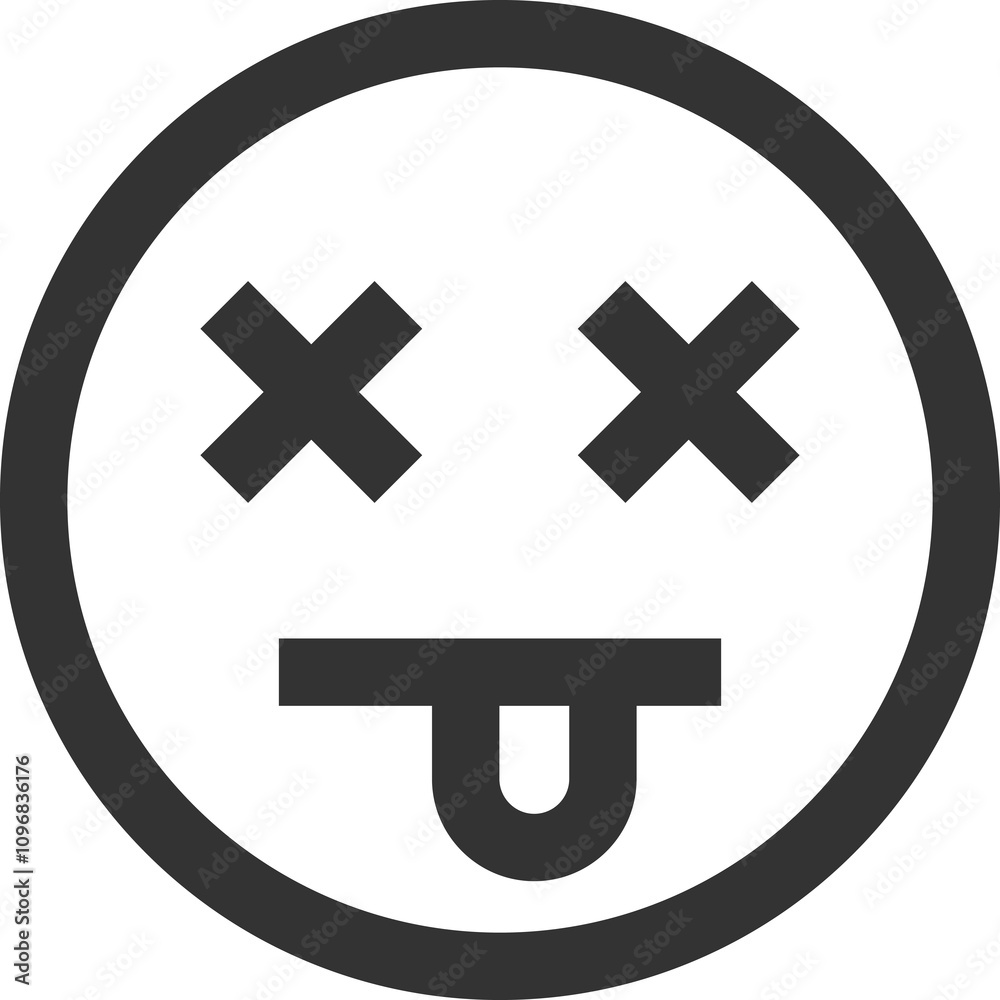 Obraz premium Black and white emoji face with X's for eyes and a tongue sticking out, circular with a thick black outline, indicating silliness or exhaustion. 