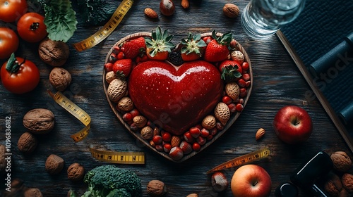 A heart shaped plate with fresh fruits vegetables background