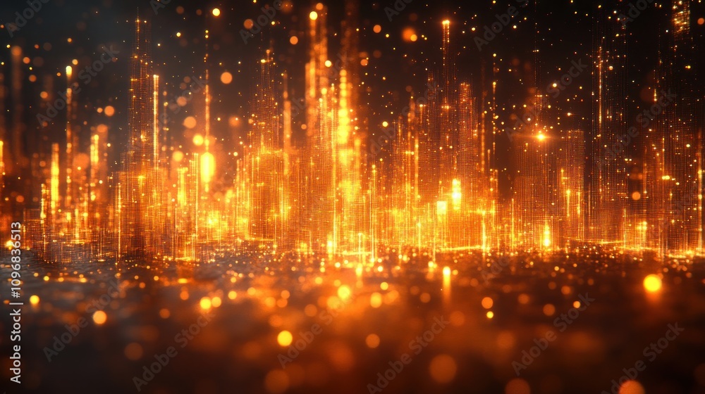 Obraz premium Golden Cityscape: A Digital Metropolis of Light and Sparkle