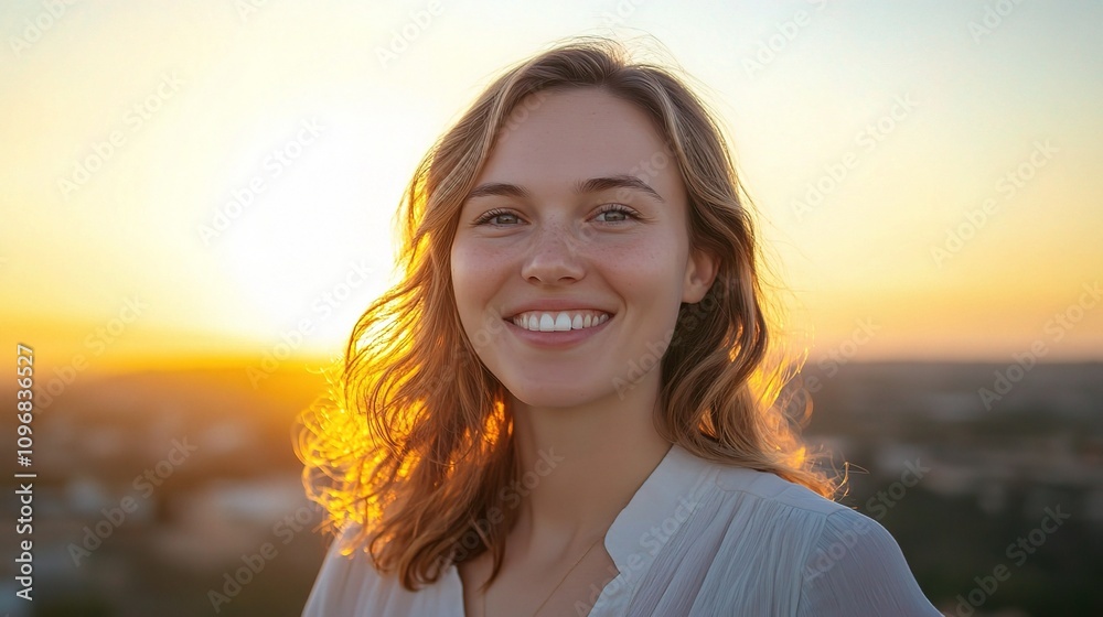 Close-Up Portrait of a Smiling Female Civil Engineer Enjoying a Sunset in a Natural Outdoor Setting, Radiating Positivity and Professionalism Close-Up Portrait of a Smiling Female Civil Engineer Enjoying a Sunset in a Natural Outdoor Setting, Radiating Positivity and Professionalism