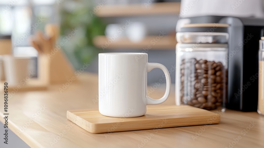 A white mug rests on a countertop, accompanied by a jar of coffee beans, embodying a moment of everyday comfort in a cozy kitchen setting. A white mug rests on a countertop, accompanied by a jar of coffee beans, embodying a moment of everyday comfort in a cozy kitchen setting.