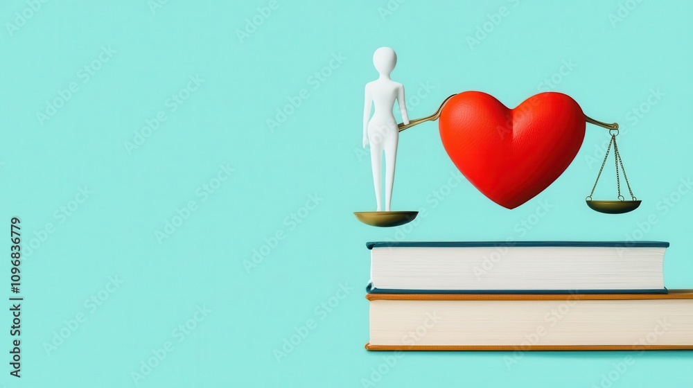 Equal balance of law books and a heart, representing justice with compassion, flat design illustration Equal balance of law books and a heart, representing justice with compassion, flat design illustration