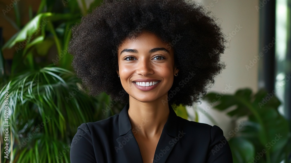 Elegant Corporate Woman with Afro Hairstyle Smiling in Professional Setting Surrounded by Lush Greenery, Exuding Confidence and Charm