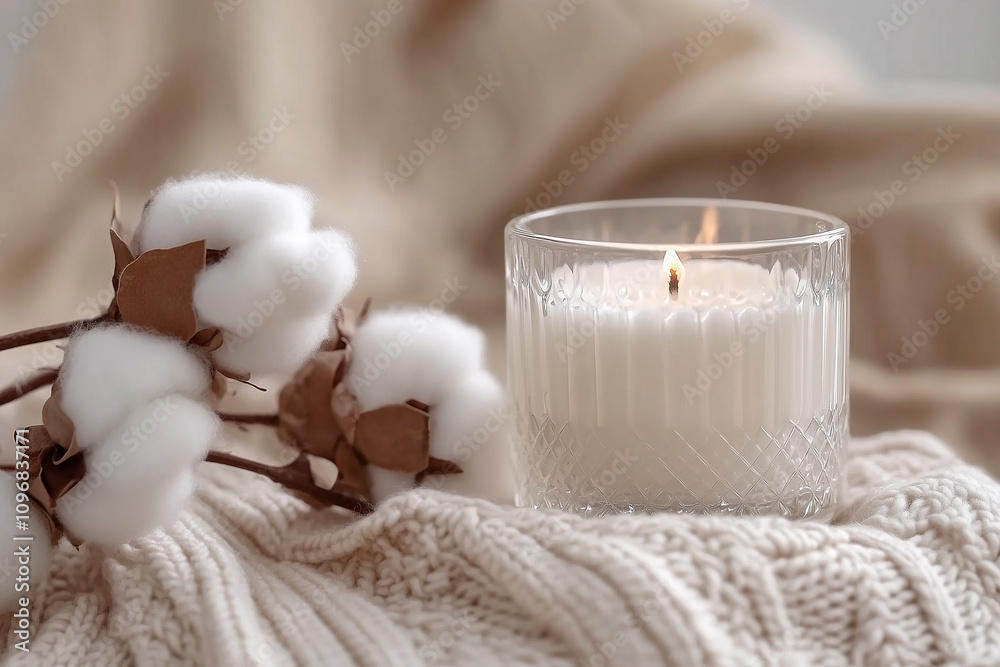 A white candle in a transparent glass. A branch of cotton, knitted white sweater. The concept of tenderness and naturalness.
A white candle in a transparent glass. A branch of cotton, knitted white sweater. The concept of tenderness and naturalness.