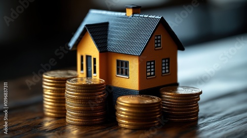 Homeownership Savings: A Miniature House and Stacks of Gold Coins Symbolize the Financial Journey of Achieving Homeownership