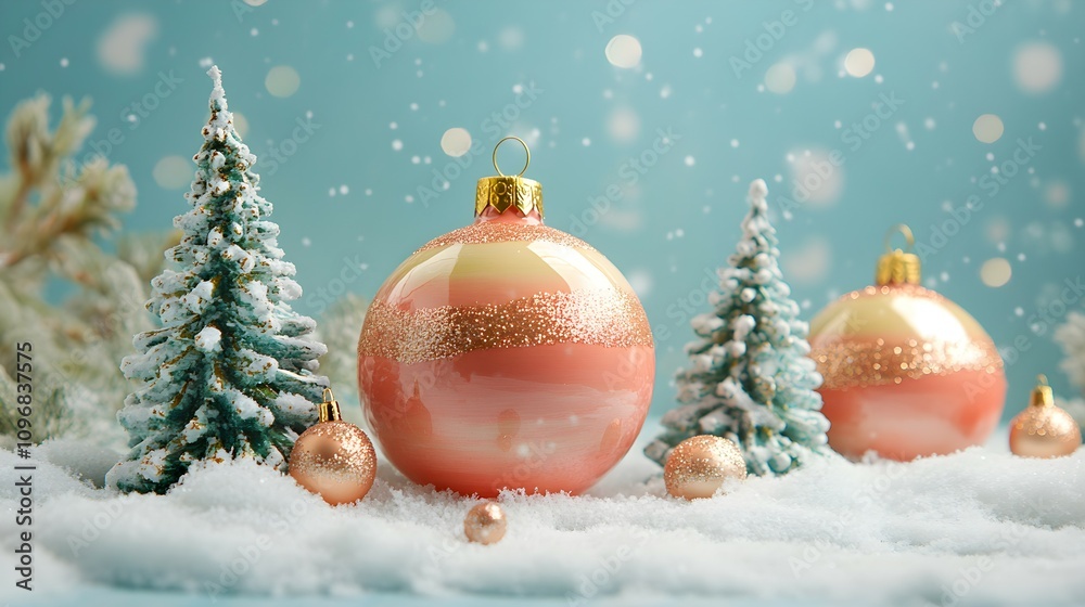 DIY baubles filled with glitter, mini Christmas trees, and snow, on a dreamy, snowy background DIY baubles filled with glitter, mini Christmas trees, and snow, on a dreamy, snowy background