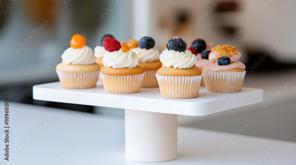 A collection of beautifully decorated cupcakes with diverse toppings, including berries and whipped cream, presented elegantly on a white stand in a bright setting. A collection of beautifully decorated cupcakes with diverse toppings, including berries and whipped cream, presented elegantly on a white stand in a bright setting.