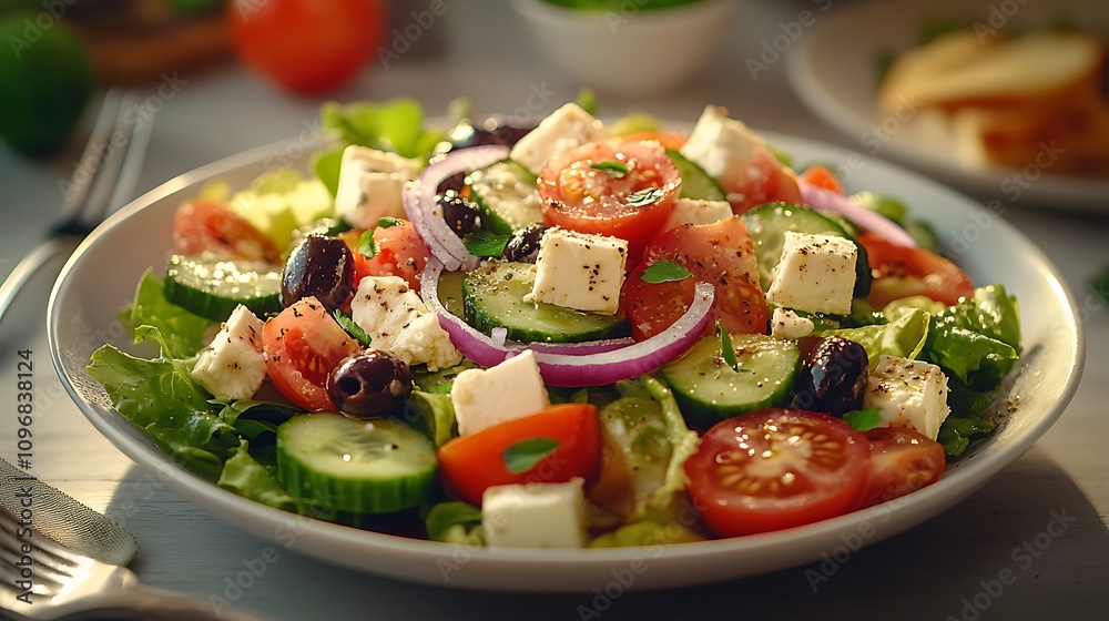 A Greek salad with mixed lettuce cucumber and tomato A Greek salad with mixed lettuce cucumber and tomato