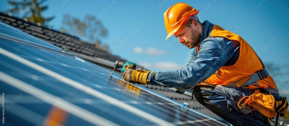 Construction Worker Installing Solar Panels on a Roof