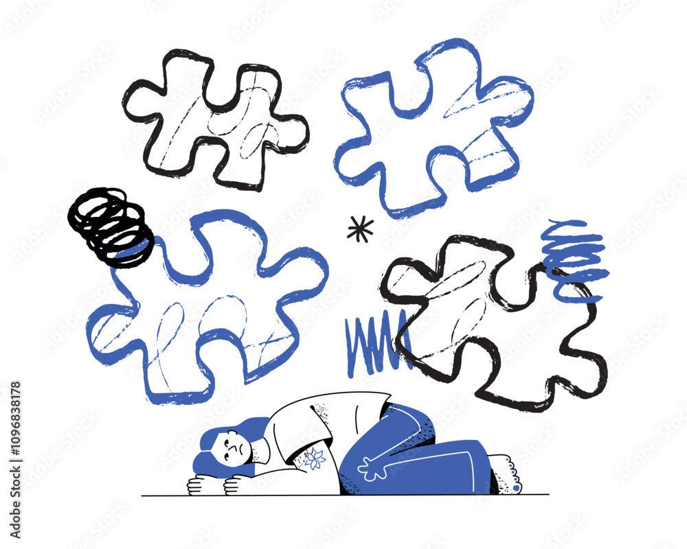 Fototapeta premium The woman is lying on the ground, feeling lost and tired. A metaphor of being overwhelmed by life's difficulties, presented in the form of scattered puzzle pieces.