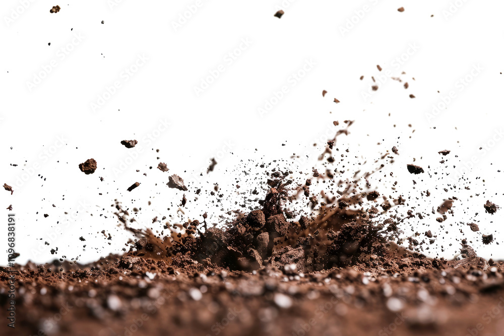 Close-up of soil particles scattering and exploding into the air on a transparent background. Dynamic motion capture symbolizing energy, nature, and impact. Close-up of soil particles scattering and exploding into the air on a transparent background. Dynamic motion capture symbolizing energy, nature, and impact.