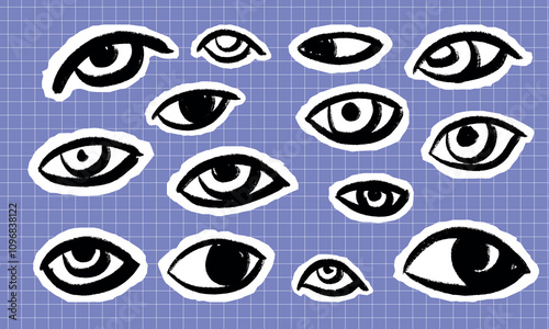 A collection of black and white graphic doodle eyes in collage style on a grid background. Each element has a different shape and expression.