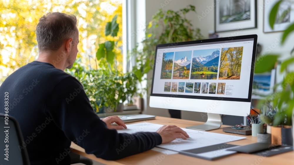 A man is working on his computer in a bright office filled with plants, showcasing productivity and creativity in a harmonious work environment. A man is working on his computer in a bright office filled with plants, showcasing productivity and creativity in a harmonious work environment.