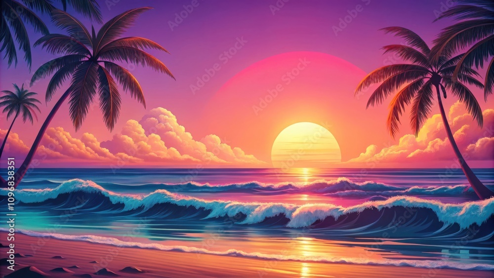 Tropical Sunset Over a Calm Ocean, Palm Trees Silhouetted Against the Pink and Orange Sky Tropical Sunset Over a Calm Ocean, Palm Trees Silhouetted Against the Pink and Orange Sky