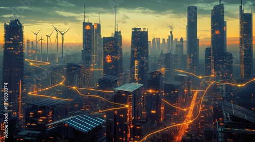 A futuristic cityscape powered entirely by renewable energy, with skyscrapers covered in solar panels, wind turbines integrated into the architecture.