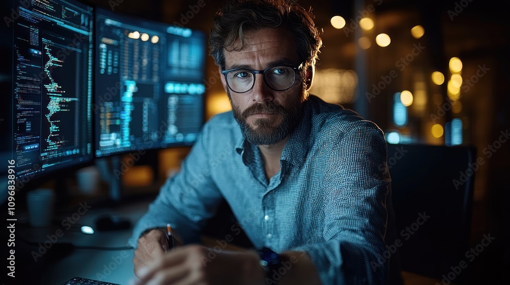 Focused Programmer Working Late Night Focused Programmer Working Late Night