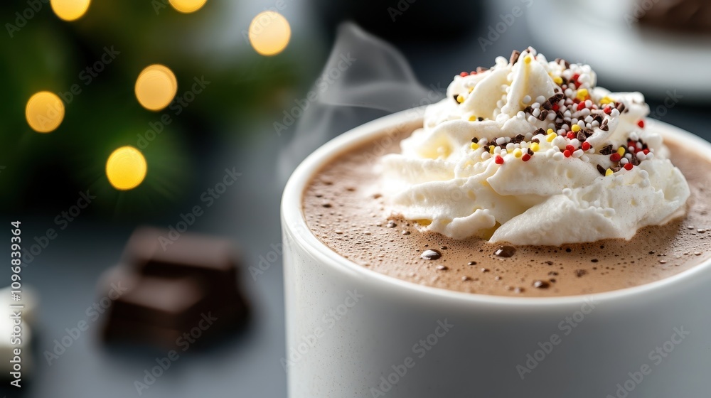 This image features a steaming hot cocoa in a white mug, capped with a swirl of whipped cream and colorful sprinkles, creating a warm and inviting feel. This image features a steaming hot cocoa in a white mug, capped with a swirl of whipped cream and colorful sprinkles, creating a warm and inviting feel.