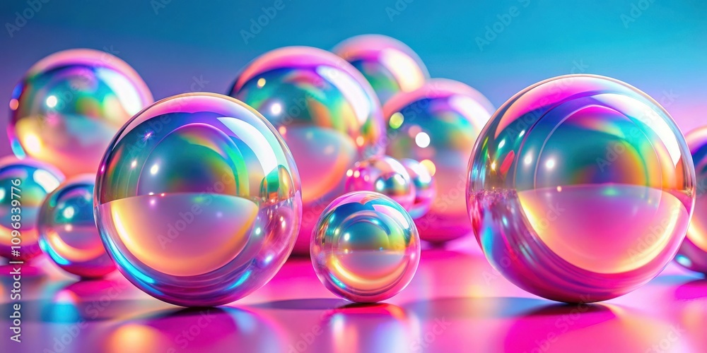 Abstract iridescent spheres on a vibrant background, showcasing a colorful and captivating display of light and reflection Abstract iridescent spheres on a vibrant background, showcasing a colorful and captivating display of light and reflection