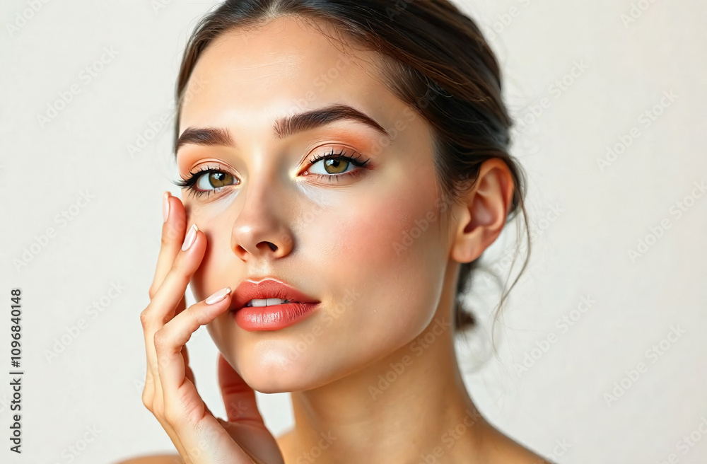 A serene woman touching her face, highlighting radiant, healthy skin. The image emphasizes skincare, beauty routines, and self-care, evoking ideas of facial care, makeup, and natural wellness. A serene woman touching her face, highlighting radiant, healthy skin. The image emphasizes skincare, beauty routines, and self-care, evoking ideas of facial care, makeup, and natural wellness.
