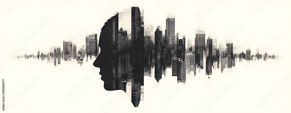 Obraz premium Skyline Office Synergy, Double Exposure Portrait with City Skyline Design