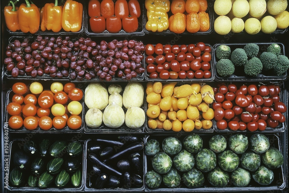A variety of fruits and vegetables are displayed in a market A variety of fruits and vegetables are displayed in a market