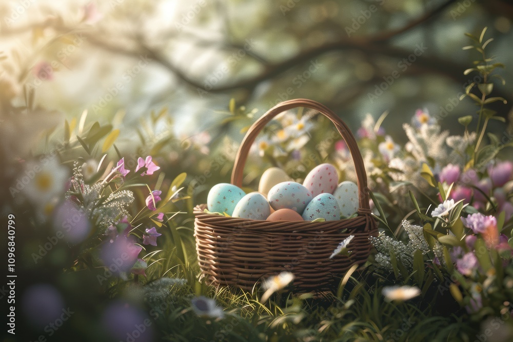 Traditional Easter Basket with Pastel Eggs in a Sunlit Blooming Garden