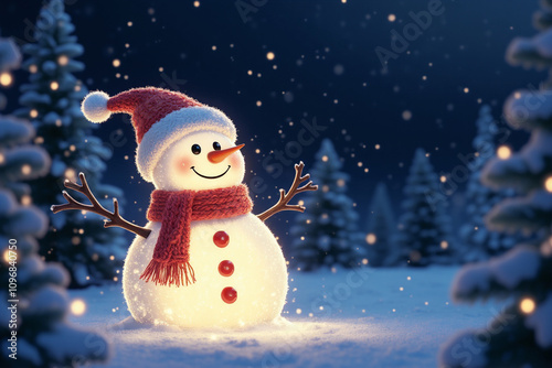 Cute snowman in knitted hat and scarf in winter night snowy forest with lights on Christmas trees.  AI generative.