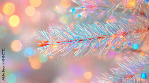 Beautiful iridescent, pastel colored Christmas tree branches , a fantastical, dreamy, prismatic image with chromatic aberration and pearlescence photo