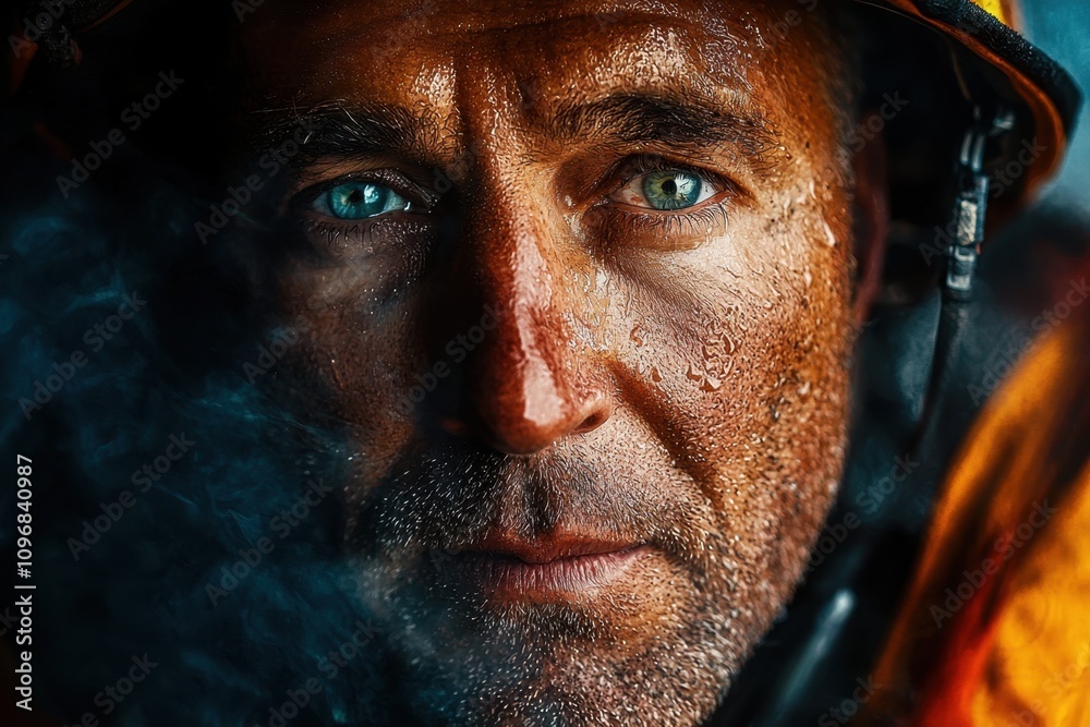 A man with a fireman's helmet on and a blue eye A man with a fireman's helmet on and a blue eye