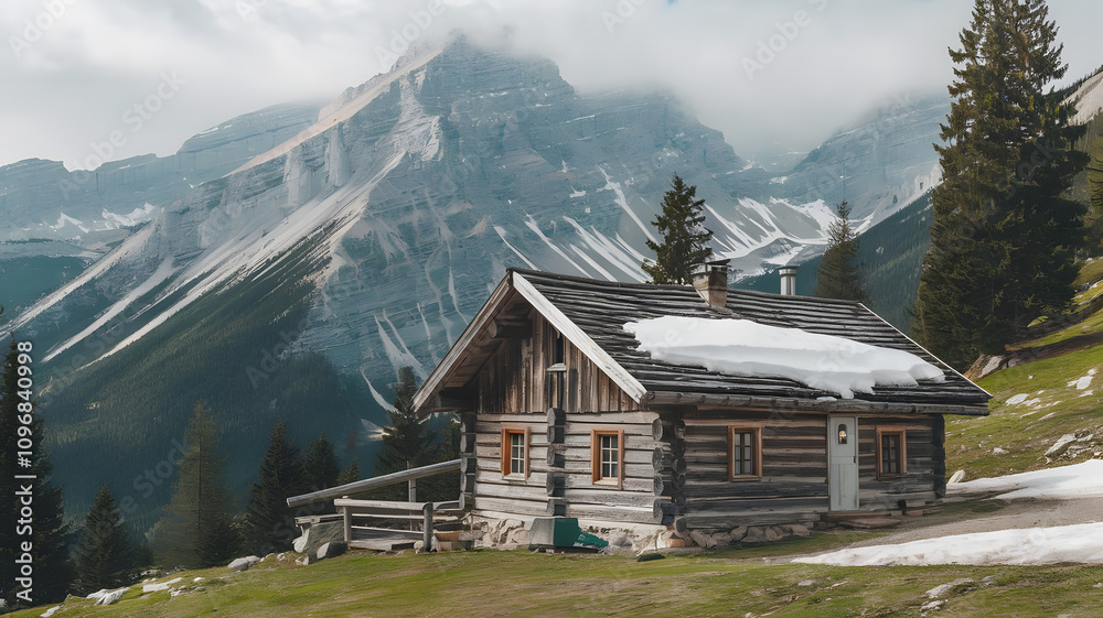 A log cabin in the mountains with snow on its roof A log cabin in the mountains with snow on its roof