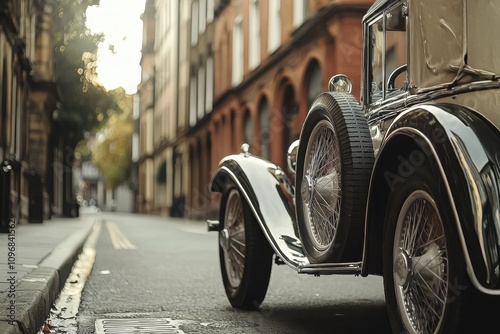 A vintage car is parked on a city street photo