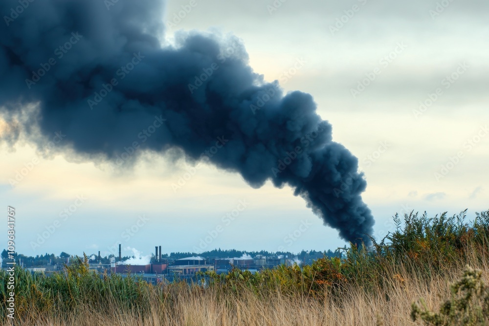 Fototapeta premium A large plume of smoke is rising from a factory in the distance