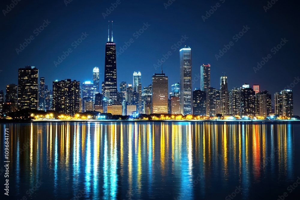 Obraz premium A city skyline is reflected in the water at night
