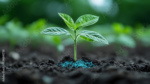 Small plant in the soil taking root around a patch of blue fertilizer and in the background