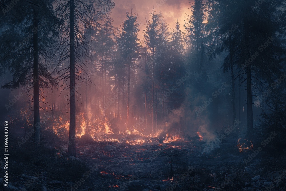 A forest fire is burning in the woods A forest fire is burning in the woods
