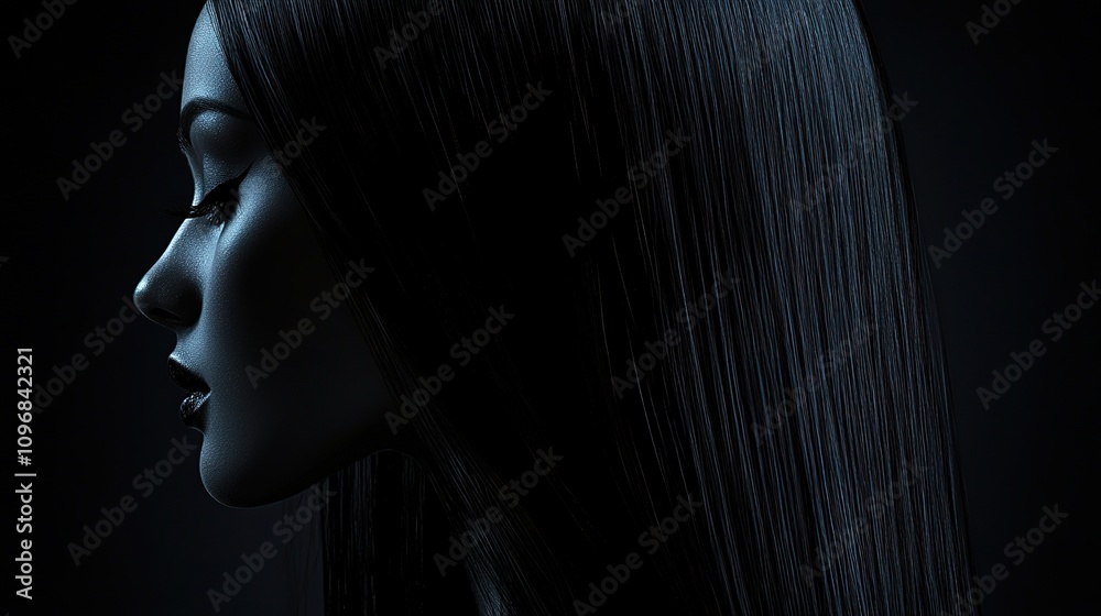 Elegant Woman with Long Black Hair in Dark Background Setting Elegant Woman with Long Black Hair in Dark Background Setting