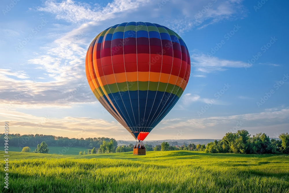 Fototapeta premium A colorful hot air balloon is floating in a field of green grass